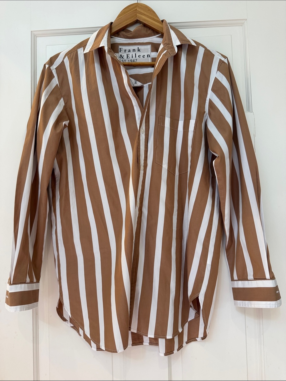 Frank & Eileen JOEDY Tan and White Vertical Stripe Button-Down Shirt